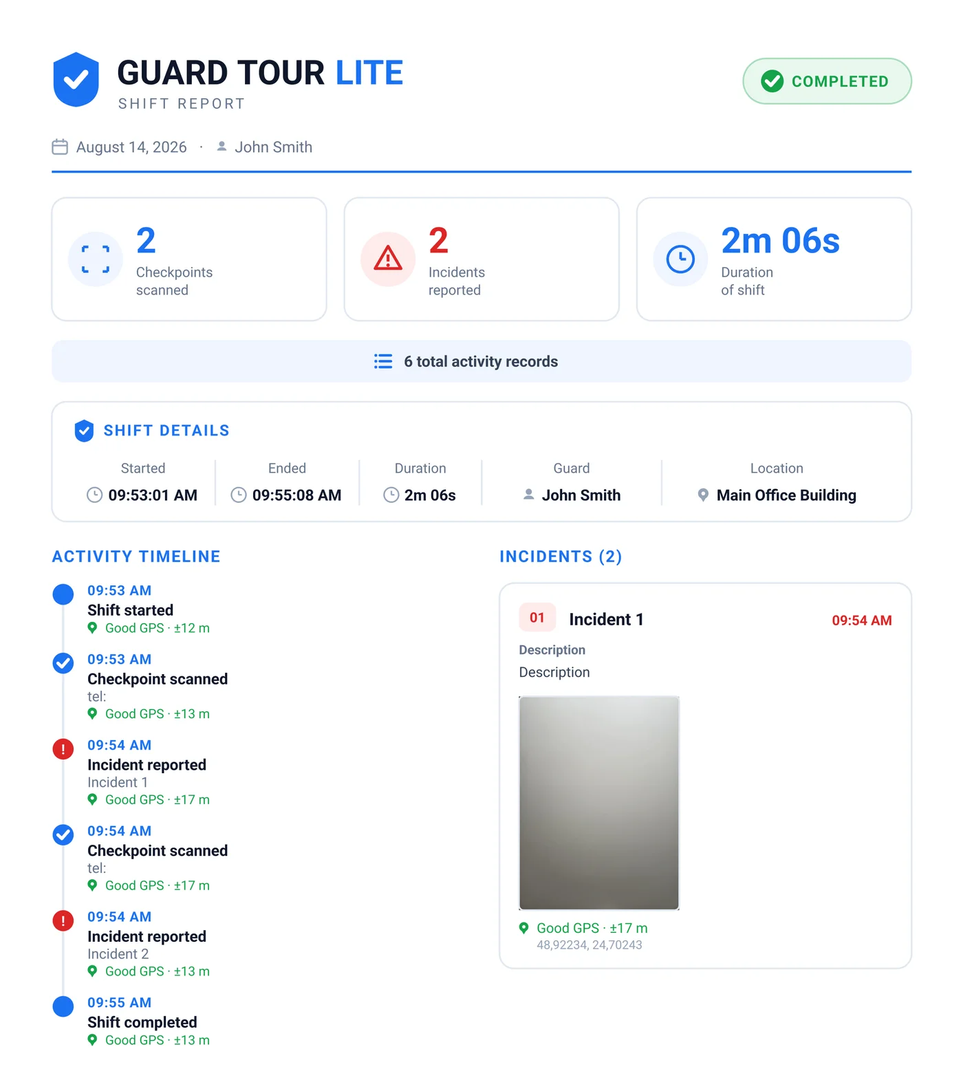 First page of an exported Guard Tour Lite PDF shift report, showing the completed-shift header, checkpoint and incident totals, shift details, a GPS-stamped activity timeline and the first incident with its photo