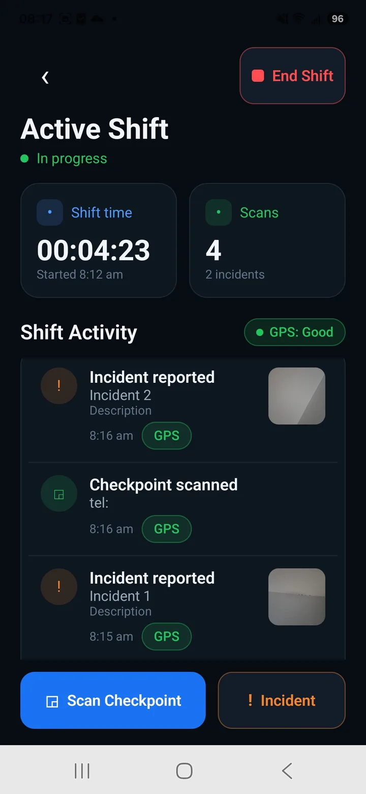 Guard Tour Lite running a shift offline — a GPS-stamped timeline of checkpoint scans and reported incidents on an Android phone