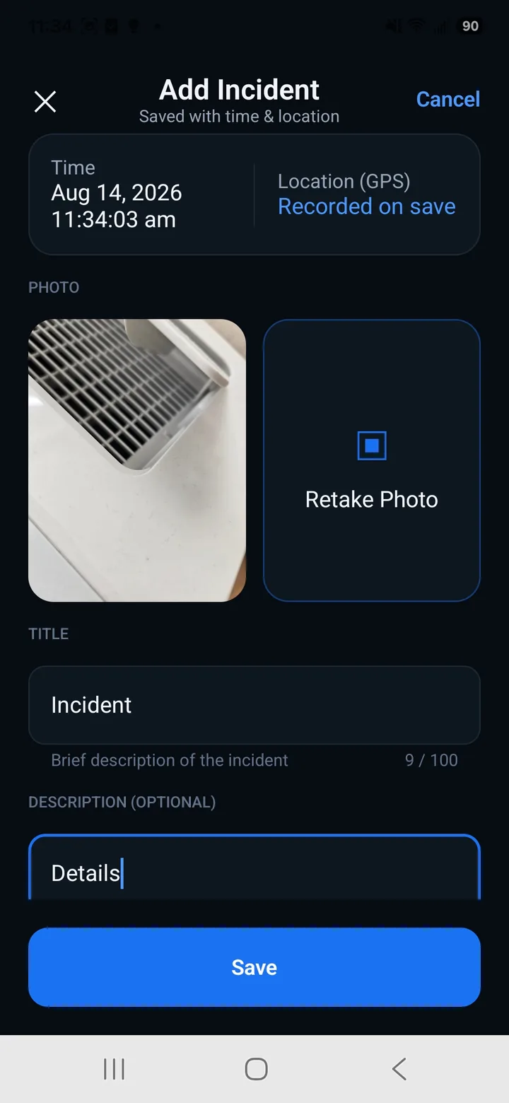 Guard Tour Lite add-incident form with a photo, title and description, saved with time and location