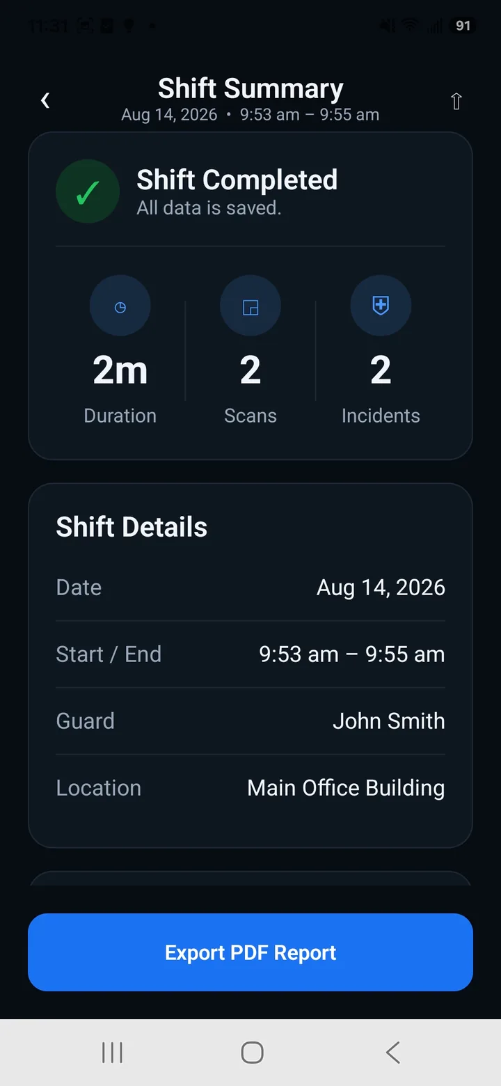 Guard Tour Lite shift summary showing duration, scan and incident counts with an Export PDF Report button