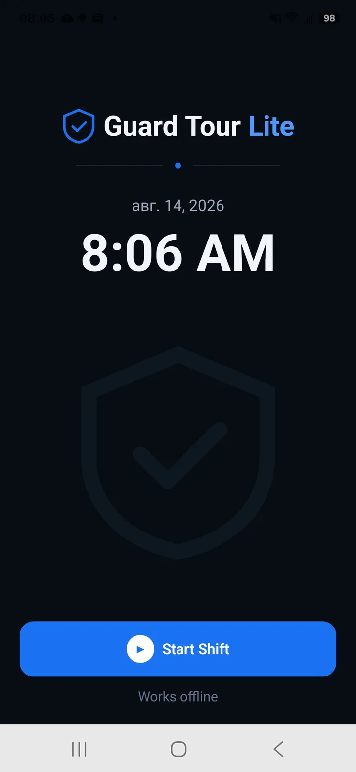 Guard Tour Lite home screen with a Start Shift button and a note that the app works offline